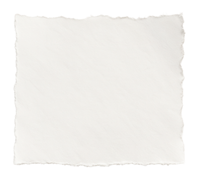 Square piece of torn white paper with rough edges on transparent background.