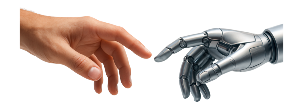 A human hand and a robotic hand reaching towards each other, symbolizing the connection between humanity and technology on transparent background.