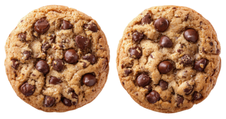 Two round chocolate chip cookies, top-down view