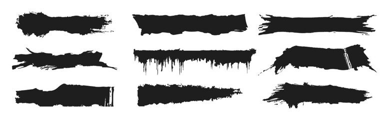 Grunge hand drawn paint brush strokes rectangle shapes. Monochrome paint splatter elements with rough edge. Vector illustration on transparent background.