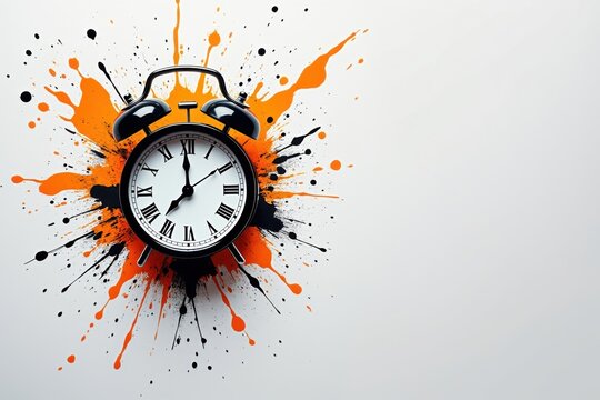 Alarm clock exploding with vibrant orange and black paint splatters
