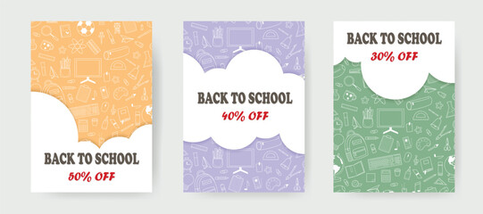 Back to school sale flyer set. Template with stationery and school supplies and cloud with text. School design for poster, banner, announcement, advertisement, vector graphic