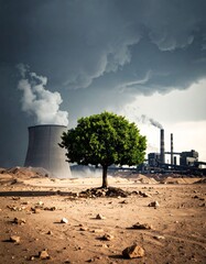 Lone tree surviving in polluted industrial wasteland under dark clouds