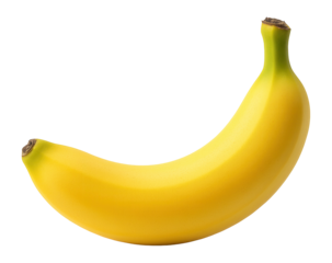 Single ripe yellow banana with green tips on transparent background.