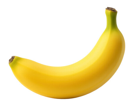 Single ripe yellow banana with green tips on transparent background.