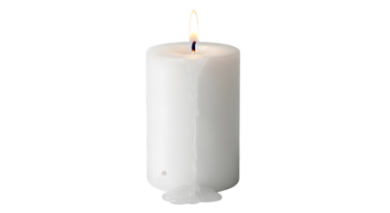 Realistic PNG of a single white candle with a small flame and slight wax melting, isolated on a white background