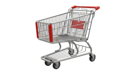 A high-quality 3D render of an empty silver shopping cart with red handles, isolated on a white background in PNG format.