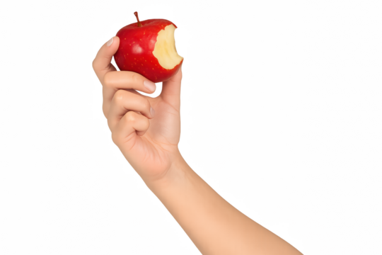 Human hand holding a red bitten apple, symbolizing healthy eating, fresh fruit, and natural snacks.