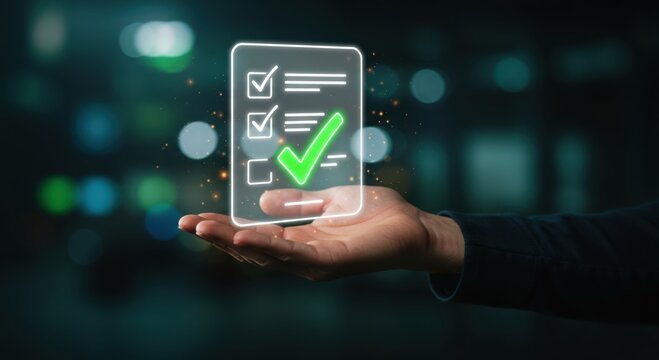 Digital checklist displayed on a transparent screen held above a hand with blurred lights in the background