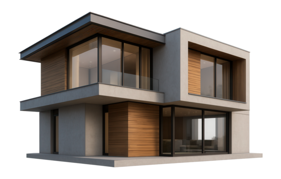 Modern two-story house with large glass windows, flat roof, and wooden accents on transparent background.