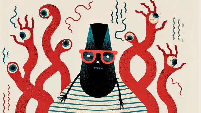 Spooky Retro Halloween Cartoon Illustration of Funny Evil Creatures and Demons in 2D Vector Art