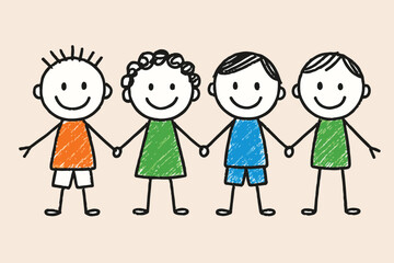 Happy children holding hands in doodle sketch style, colorful cartoon kids group illustration, playful child friendship drawing, preschool education, community and teamwork concept vector