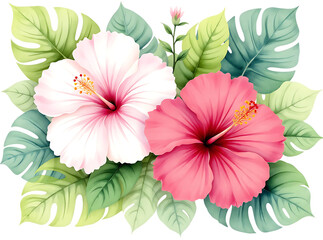 Obraz premium Pink and White Hibiscus Flowers with Tropical Monstera Leaves - Isolated on transparent background