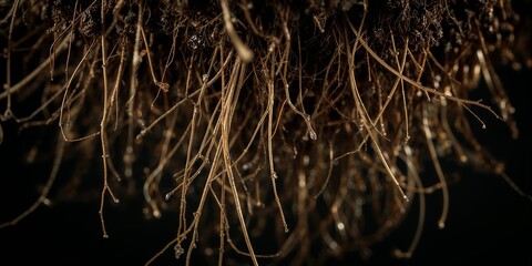 A close up view of plant roots hanging down with soil clinging to the top and a dark background