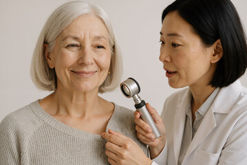 Smiling elderly woman receiving skin checkup from asian female doctor using dermatoscope in a medical clinic for health examination