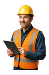 Smiling male construction worker in orange safety vest and yellow hard hat using a tablet on transparent background.