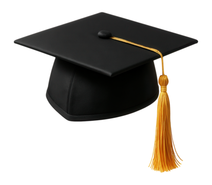 Black graduation cap with a long yellow tassel, symbolizing academic achievement and commencement ceremony attire on transparent background.