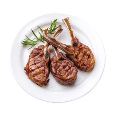 Grilled lamb chops with rosemary on a white plate, symbolizing gourmet dinner, delicious meat, and fine dining.
