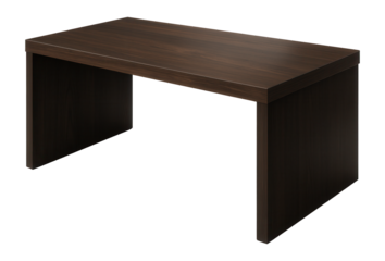 Modern rectangular dark wood table with a sleek and minimalist design on transparent background.