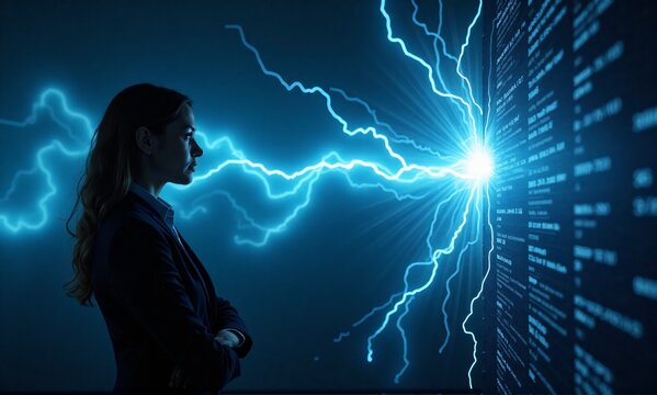 A businesswoman observes a vibrant blue electrical discharge connecting her to a glowing digital display, symbolizing powerful data interaction.