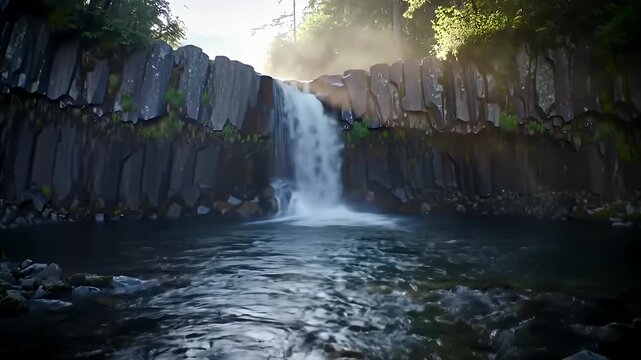Scenic Basalt Rock Waterfall Flowing into Clear Pool in Natural Forest Canyon