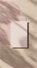 Soft pastel paper card and envelope with shadow overlay on textured linen. Wedding invitation card mockup with copyspace