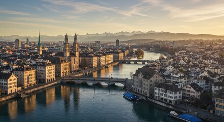 Cityscape sunrise over river