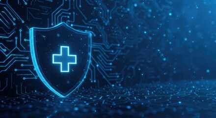 Glowing blue shield with medical cross symbol on a dark digital circuit board background representing health security