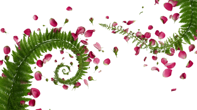 beautiful fern with red rose petals swirling in natural spiral shape isolated on white background