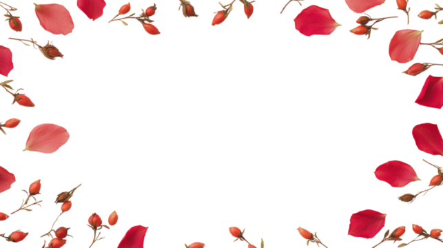  frame of red rose petals and buds isolated on white background