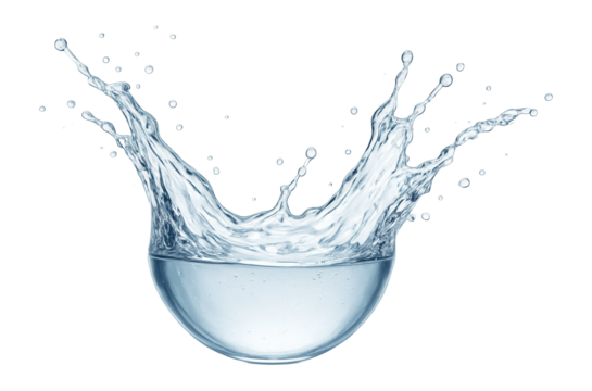 Dynamic splash of clear water captured mid-air, showcasing a natural and refreshing fluid motion on transparent background.