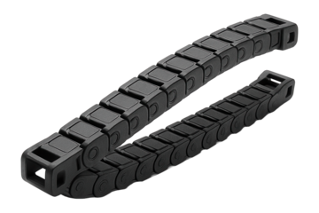 Two black plastic drag chains with interlocking segments designed for cable management on transparent background.