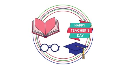 Celebrating Education Happy Teacher s Day with Book Glasses Graduation Cap and Festive Circle Design Showcasing