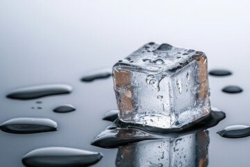 Melting crystal clear ice cube in water drops studio environment close-up view concepts of transparency and fluidity
