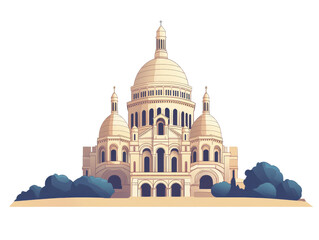 Obraz premium Grand architectural illustration of domed building with multiple towers, resembling historic cathedral, surrounded by stylized trees. structure features intricate details and majestic presence