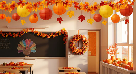 Sunlit school classroom interior decorated for an autumn festival, with a turkey drawing on the chalkboard, pumpkins, and festive garlands.