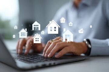 Person working on laptop, house icons overlay