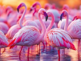 Pink flamingos in a heart shape formation.