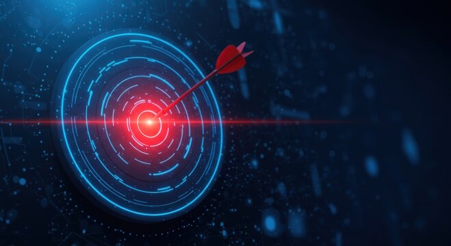 Precision aiming success digital target board with glowing red bullseye and flying arrow achieving the goal