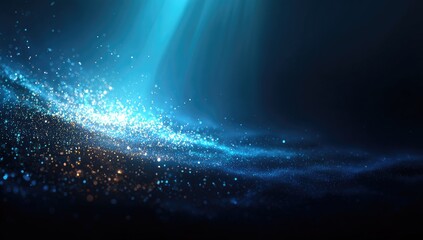Abstract digital graphic, dark background, light blue & gold particles