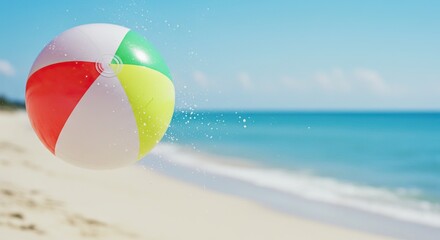 Obraz premium Colorful beach ball floating above sandy shore on a sunny summer day