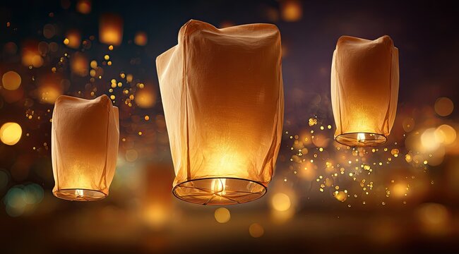 Floating lanterns, warm glow, evening sky