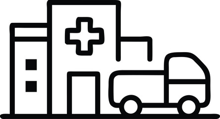 Obraz premium Hospital building and ambulance outline icons on white background medical healthcare