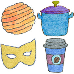 a drawing of a variety of items including a mask and a cup of coffee and and a mask
