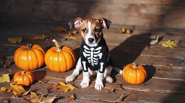Jack Russell Terrier in skeleton costume with pumpkins