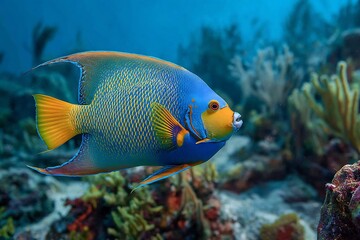Naklejka premium A vibrant queen angelfish swimming in the ocean near coral reef formations in clear turquoise water