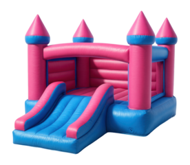 Pink and blue inflatable bouncy castle with turrets and slide on transparent background.