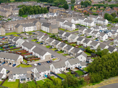 Aerial view of a new housing development in Dumbarton, West Dunbartonshire, Scotland, UK
