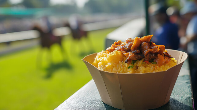 Mofongo served in paper bowl at outdoor horse racing event