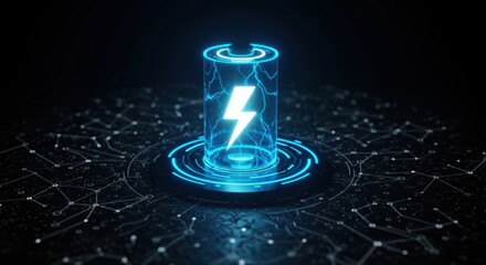 Futuristic glowing blue energy core with lightning bolt symbol emanating power on a digital network background